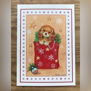 Vintage A Sunshine Card Sweet Puppy In Christmas Gift Bag Holiday Festive Dog